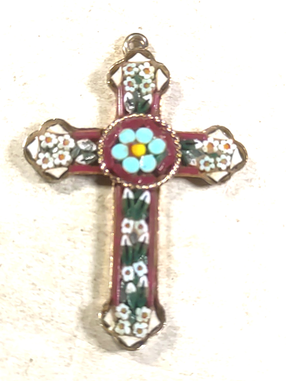 Italy Cross Pendant Gold Tone Enamel Red Blue White Feminine Religious Church